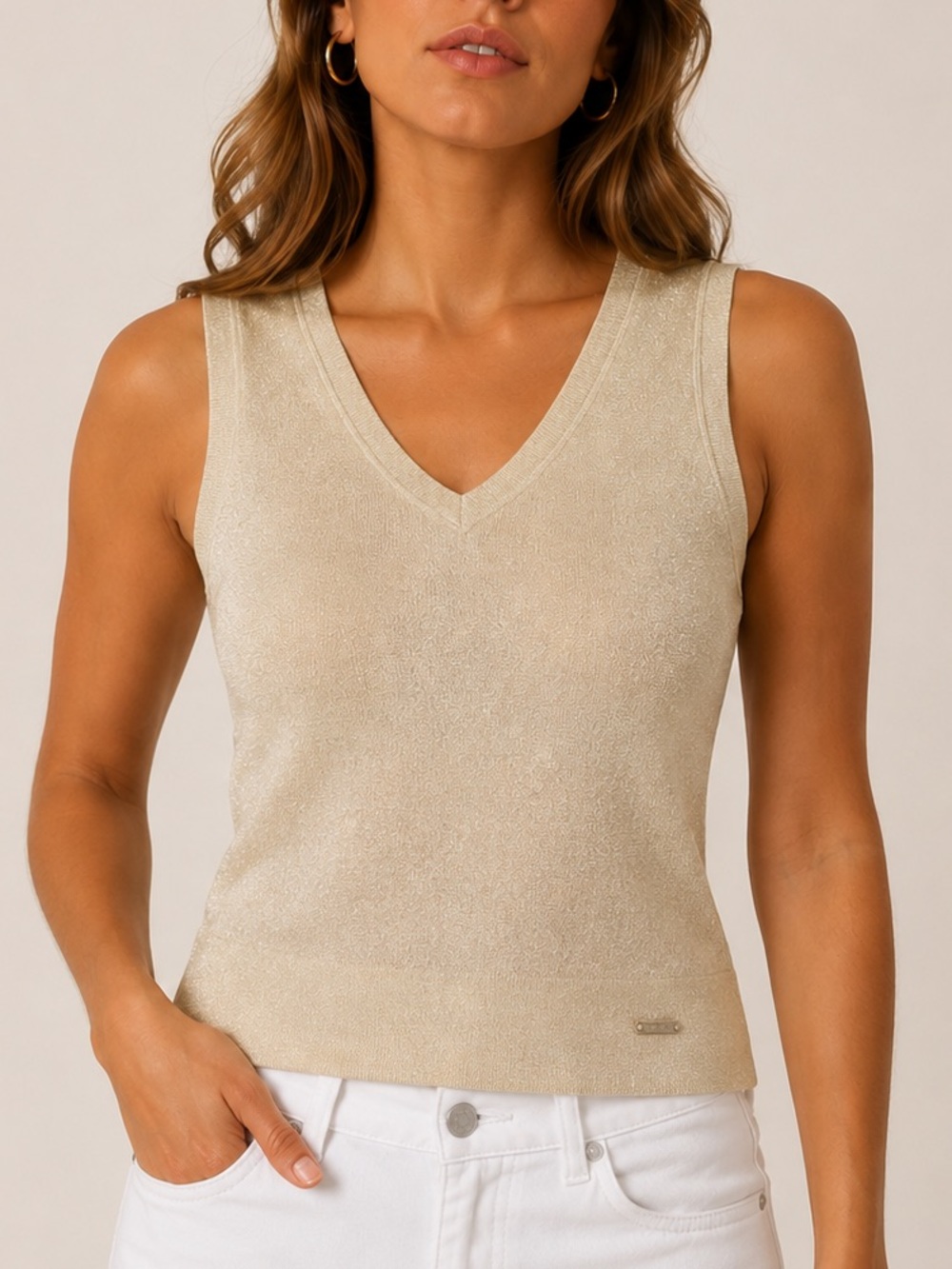Wolford Metallic Gold V-Neck Sleeveless Knit Tank Top Medium